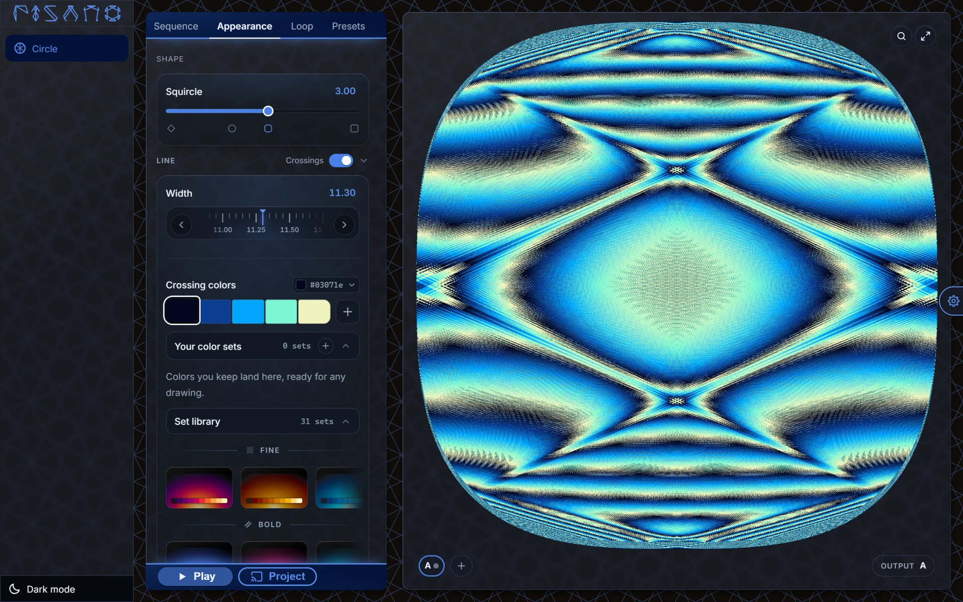 The Pisano editor: shape, line width and crossing color controls beside a large blue drawing